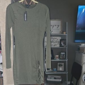 PrettyLittleThing Olive Long Sleeve Dress with Side Lace-Up
